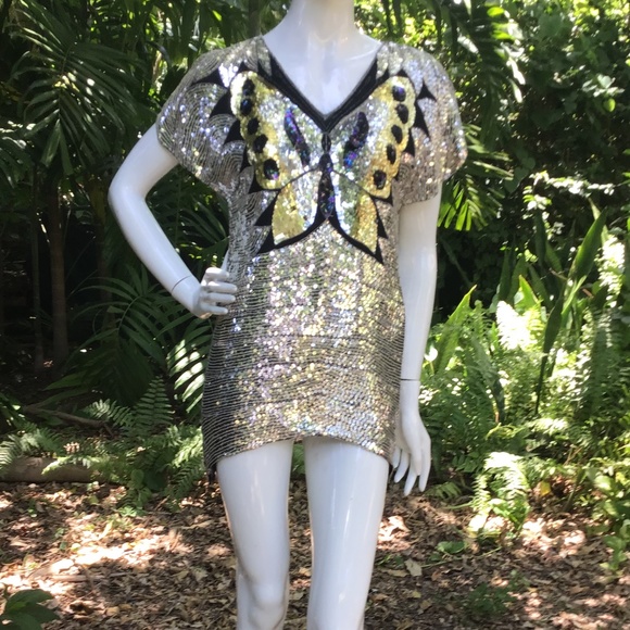 Vintage 80s butterfly sequins silk top - Picture 5 of 12